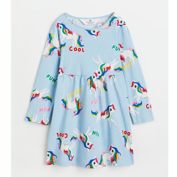 H&M Girls Unicorn Rainbow Patterned Long Sleeve Jersey Dress - Picture 1 of 4